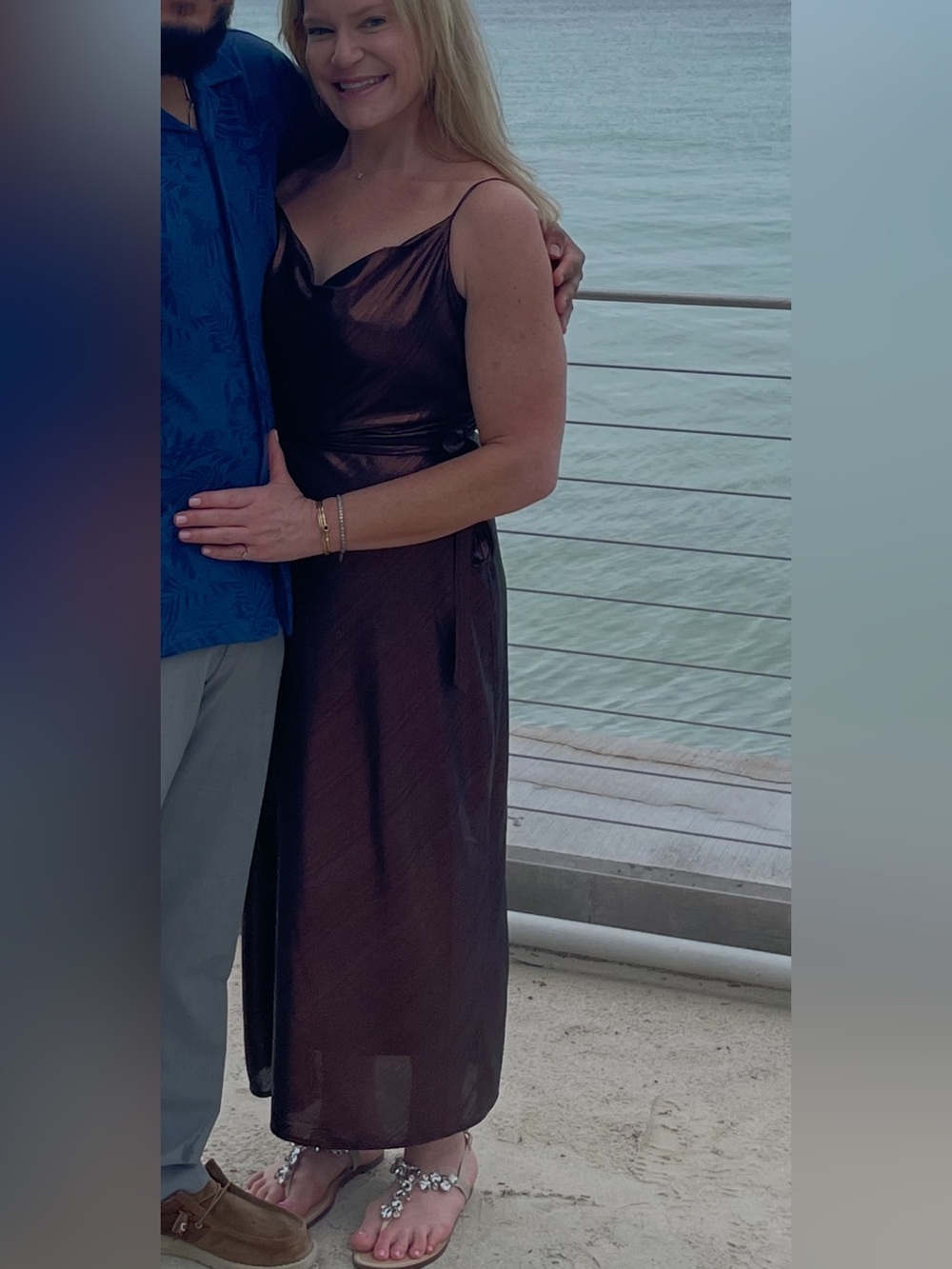 Adelyn Rae Metallic Chocolate Brown Cowl Neck Maxi Dress